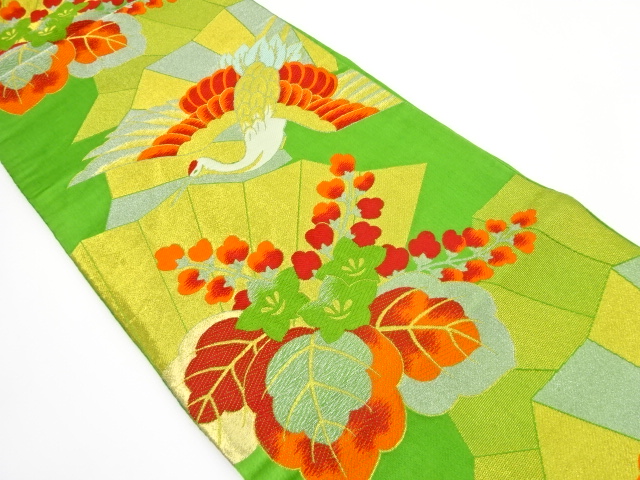 JAPANESE KIMONO / ANTIQUE FUKURO OBI / SILK / WOVEN CRANE & PAULOWNIA